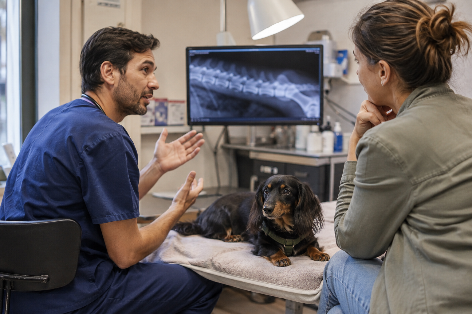 Veterinář vysvětluje majitelce jezevčíka plán operace páteře